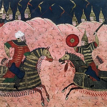 宗教的 Painting - ペルシャのモンゴル学校の絵画 侵略と戦う 2 人の戦士 宗教 イスラム教